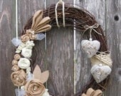 Spring Wreath,  Burlap Wreath, Cottage Chic Wreath, Shabby Chic, Rustic Wreath, Grapevine Wreath, Wedding Wreath, Door Wreath, Door Decor