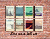 Retro Travel Poster - Star Wars - SET OF 8 - A5 Modern Vintage Sci Fi Geek Yoda R2D2 C3PO Obi Wan Jedi Typography Art Print