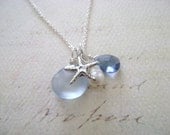 By The Sea Gemstone Charm Necklace, Gift Idea, Ocean Wedding, Starfish, Pearl, Sky Blue Chalcedony and London Blue Quartz