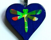 Heart Pendant, Dragonfly Painted Heart Pendant, Art Heart Pendant, Hand Painted Wooden Pendant, Unique & OOAK, Abstract, Colourful