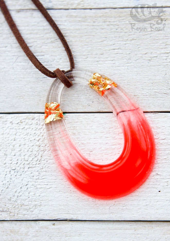 Neon Orange Necklace. Resin Jewelry. Soft Brown Suede/Leather Cord. Silver Plated Lobster Clasp. Neon Jewelry. Handmade. Gold Leaf.