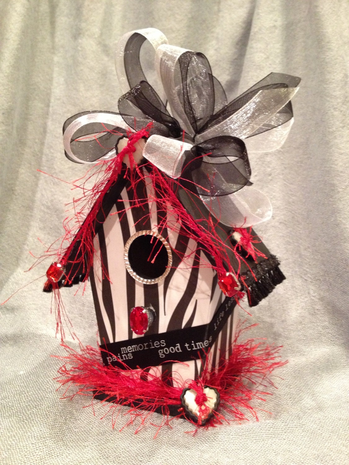 ZEBRA Stripes - Handmade Wood Birdhouse - Red Black n White - Shabby Chic Hearts n Eyelash Ribbon - Fun Birthday Gift n Decoration (BH256)