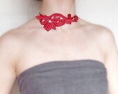 red lace bib necklace choker SALE pearl beaded venise lace vintage flower vintage chain handcrafted Fabric jewelry woman wedding party