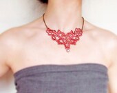 flower lace bib necklace pearl beaded  choker grey red art deco steampunk handcrafted Fabric jewelry woman wedding party