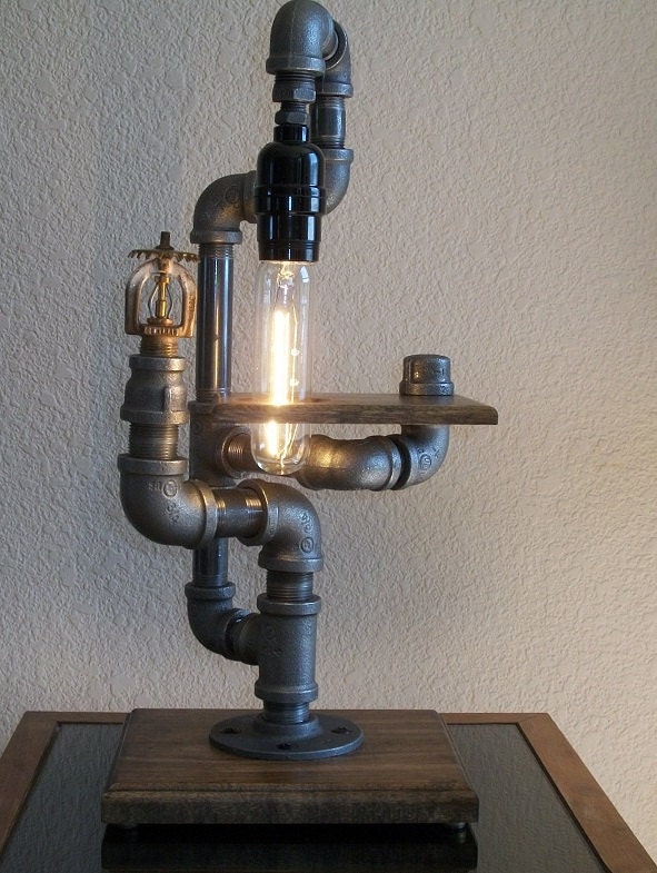 Industrial Art Desk Table Lamp with Reclaimed Hardwood Shelf and Base