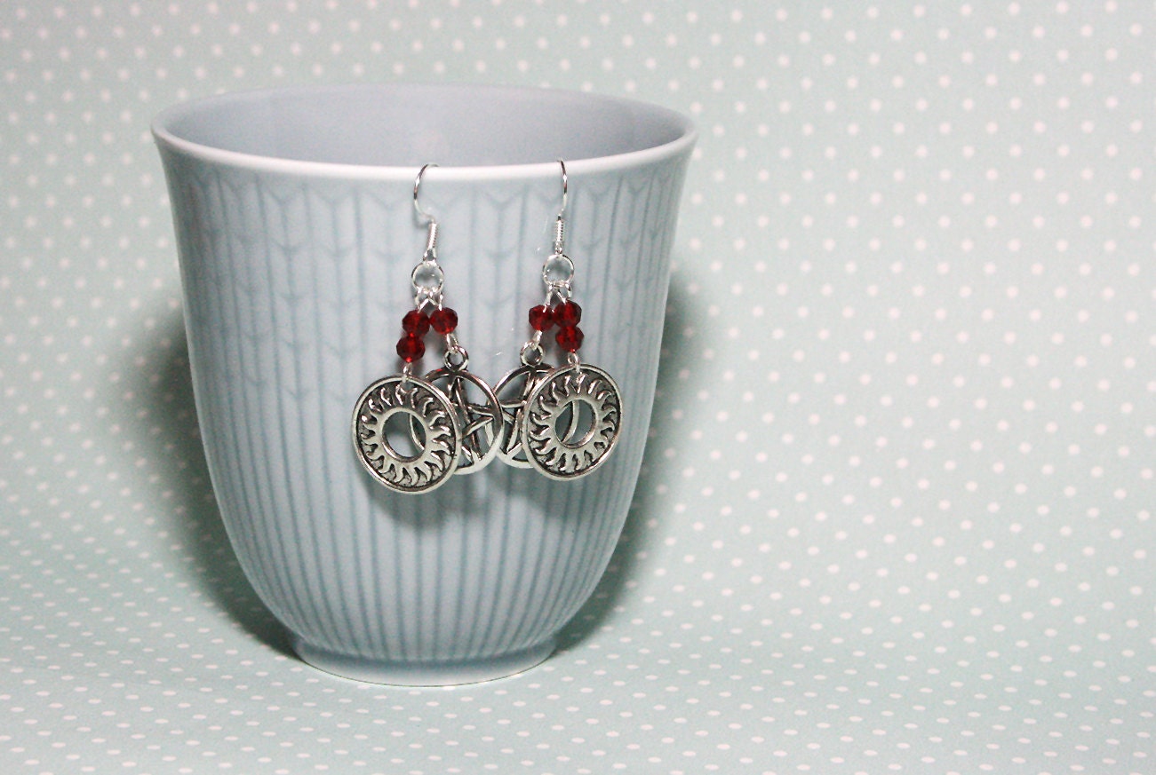 Supernatural protection symbol earrings with red crystal beads