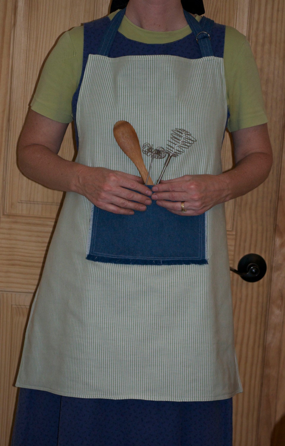 Green Ticking & Denim Reversible Chef Apron