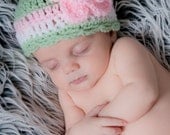 light green pink and White  Beanie hat with Irish Rose Girl Baby Hat  Many Sizes preemie newborn, 0-3 month,3-6 month , 6-12 month, 1-3yr