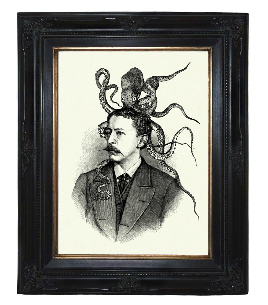 Victorian Gentleman with Octopus Kraken Squid Hat Tentacles Portrait Steampunk art print