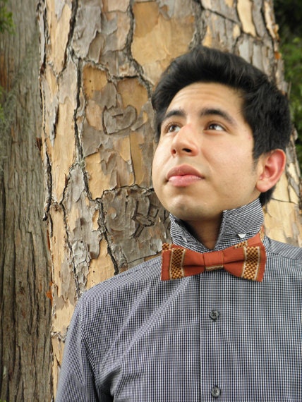 Mens Bow Tie - Recycled Rust and Gold Gingham Adjustable Butterfly Bow Tie