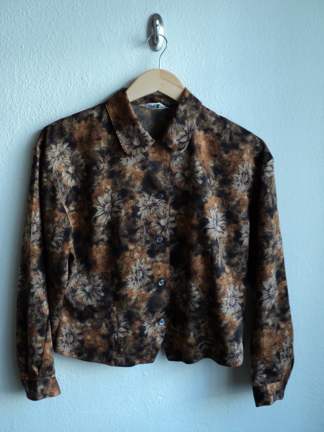 Brown Floral Long Sleeve button up blouse/ women size M