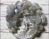 Labradorite Tree of Life Pendant Sterling Silver Wire Wrapped Grey Gray Iridescent Blue Fire Flashes Black Moonstone