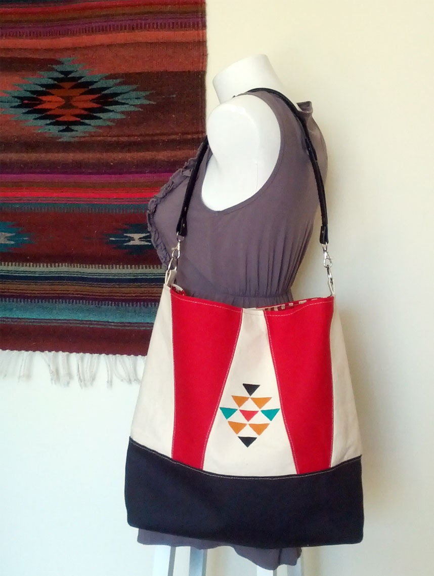 Arrows Tote Bag Geometric Color Block w Leather Strap