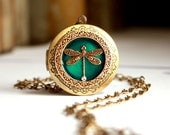 Brass Dragonfly Locket / Blue / Green / Wedding Locket / Bridal Necklace / Secret Message Locket / Personalized