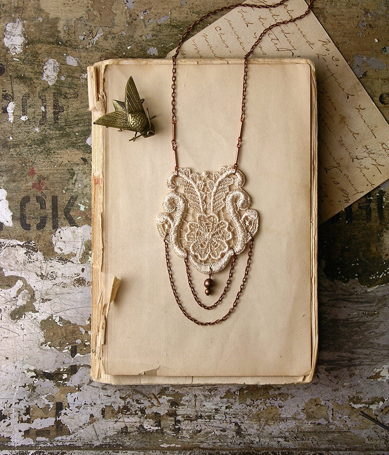 lace necklace - LAUREN- ivory- long necklace - floral - spring
