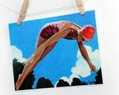 Sky dive retro swimming pool painting print, 8x10 beach home, pool decor by Cathie Carlson