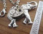 Steampunk Elephant Necklace Small Vintage Watch Movement Pendant Silver Plated Handcrafted Jewelry