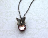 Butterfly Necklace with Vintage Rosaline Peach Pear Glass Jewel Necklace. Vintage Style. Butterfly Love. Butterfly Collector. Insect Gifts.