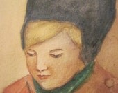 1910 Original Antique Watercolor - Dutch Boy with Sailboat - Signed M Love