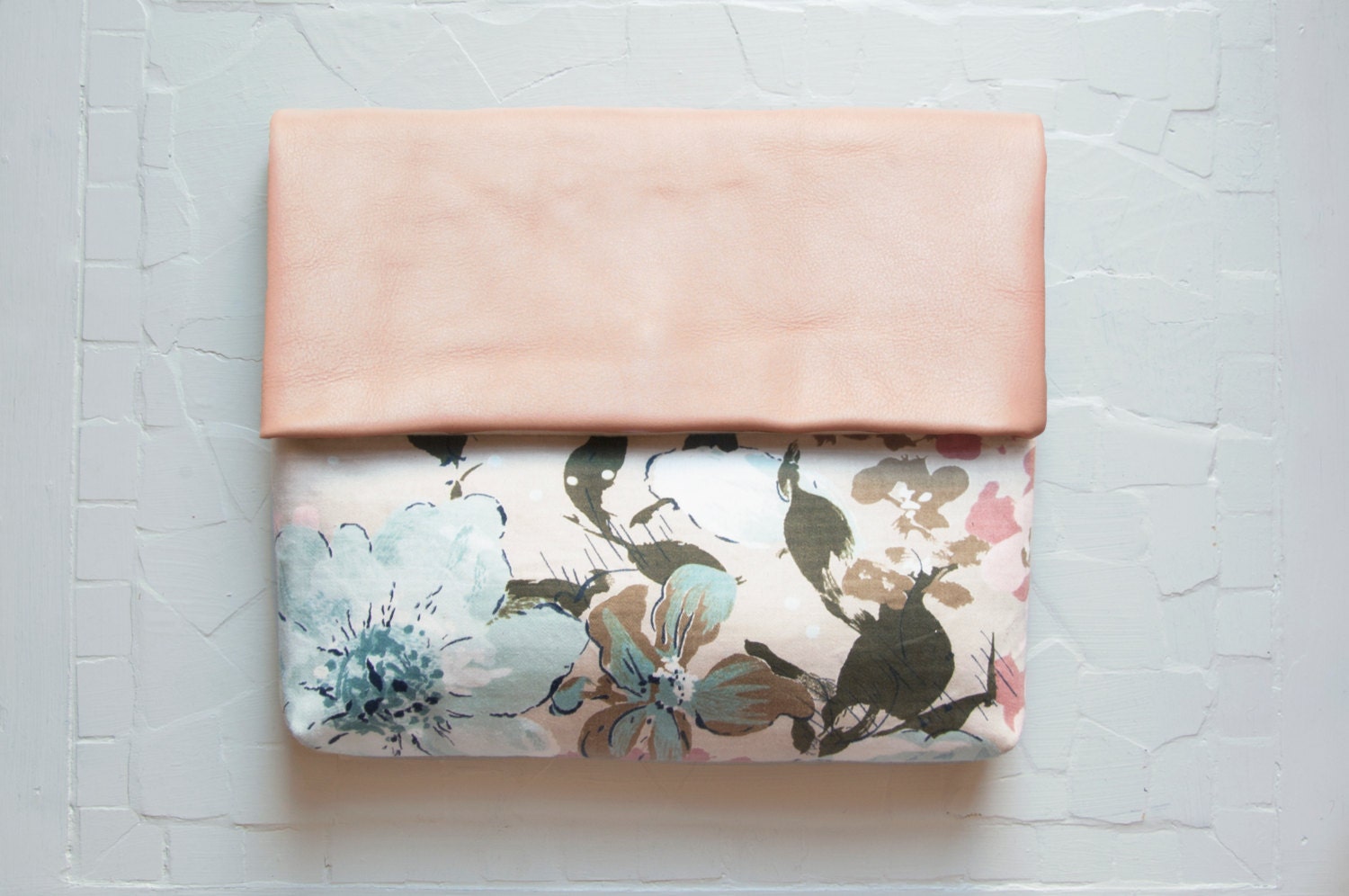 CHERRY Blossom Peach Leather Clutch. Floral Cotton Clutch. Pastel Leather Envelope Clutch