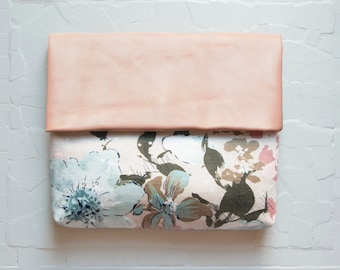 CHERRY Blossom Peach Leather Clutch. Floral Cotton Clutch. Pastel Leather Envelope Clutch