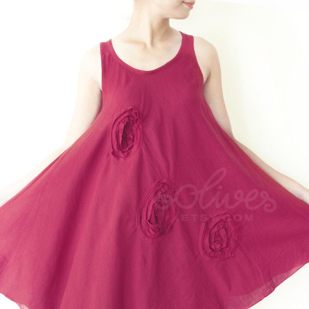 Comfy Cotton Spring Summer Mini Dress, Top in Red, M size