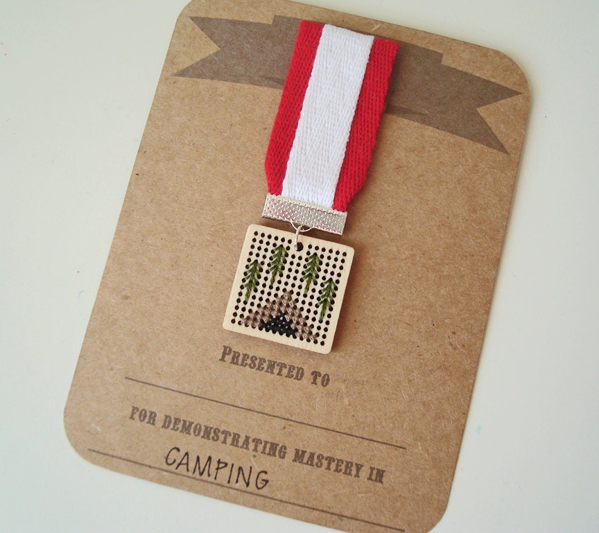 Camping cross stitch badge