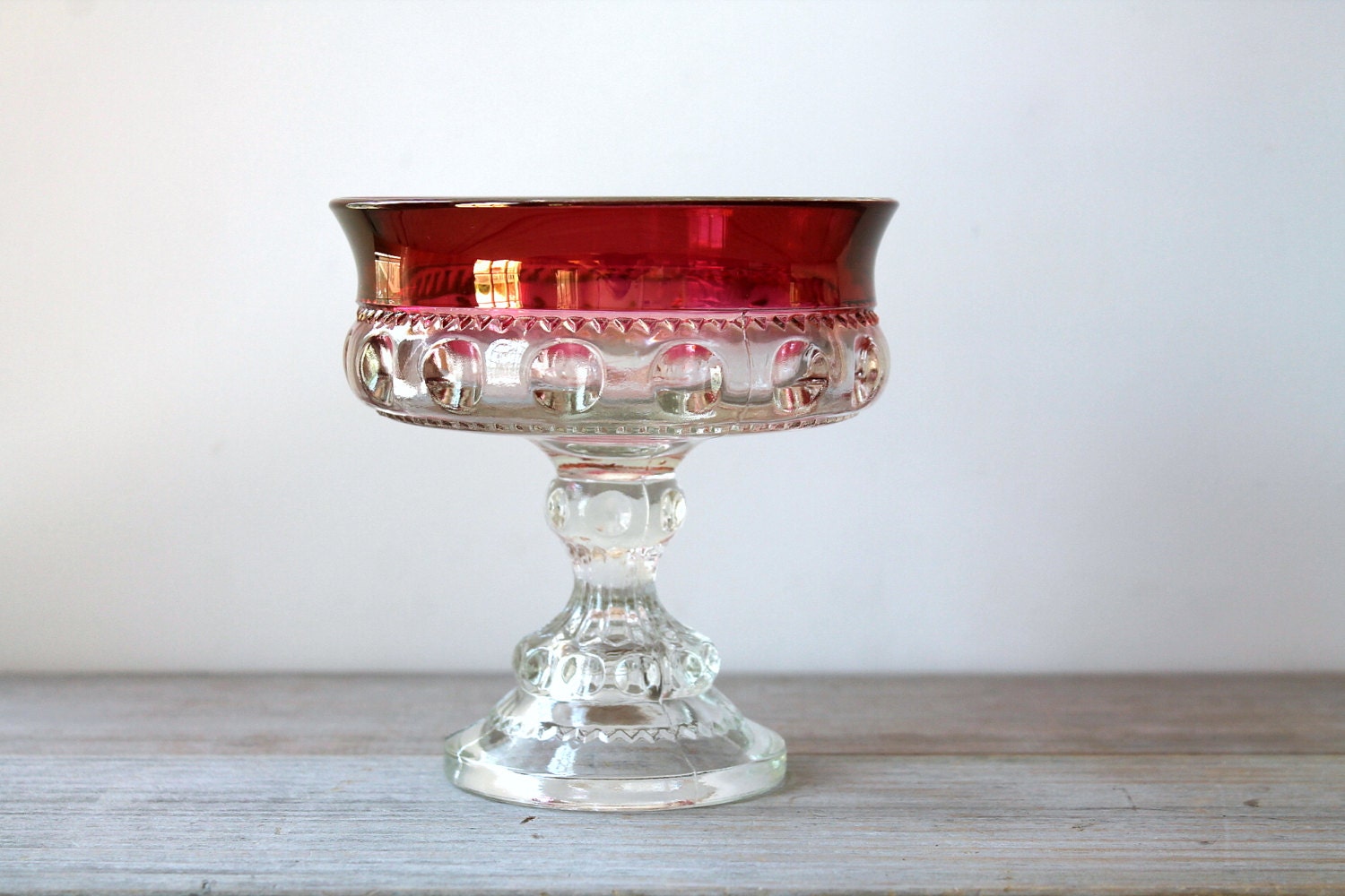 Vintage Indiana glass / pedestal candy dish / home decor /  King's Crown thumbprint / cranberry flash / clear glass / retro American glass
