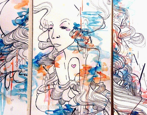 12x24 inch Surreal, portrait illustration, three piece watercolor and ink illustration on paper. Triptych art, mix media  illustration