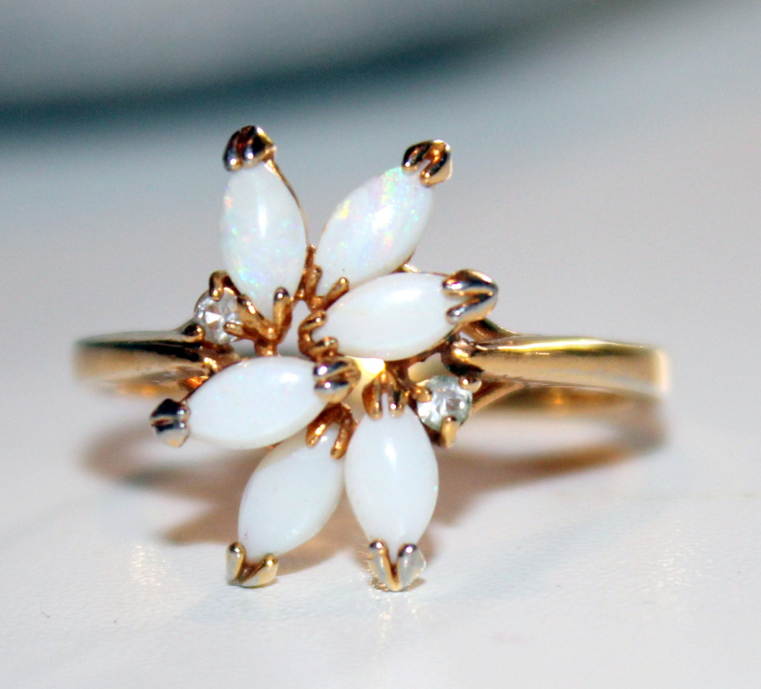 Beautiful 1960s Vintage Gold Filled and Opal and Rhinestone Cocktail Ring Size 10