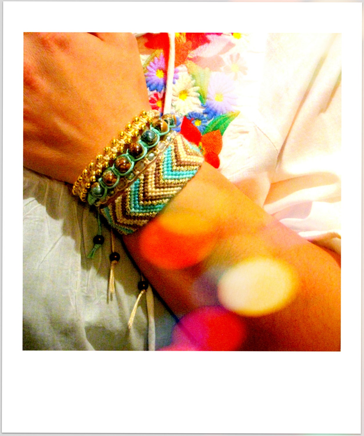 Woven Friendship Bracelet .Beige Turquoise and Brown