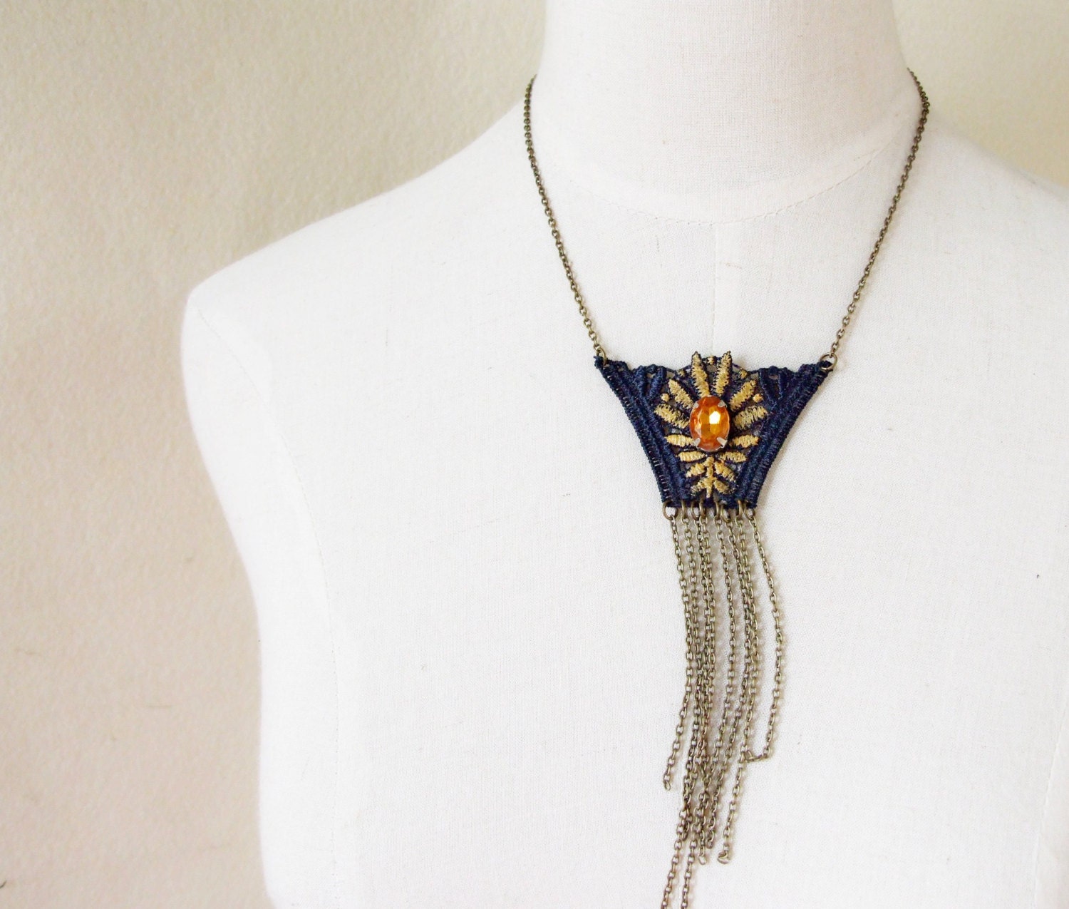 hand painted gold leaf lace beaded pendant chain fringe necklace steampunk OOAK wearable art woman jewelry gift