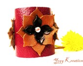 Leather Cuff Bracelet Gold Rose Flower Crystals Black wrist band wrap Handmade Snap Summer women OOAK Jewelry Ethical Rhinestone