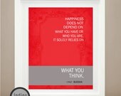 Red Happiness Inspirational Quote Art, Buddha Quote, Brown Coffee, Red Print 8X10 Typography Happiness, Home Decor, For him for her
