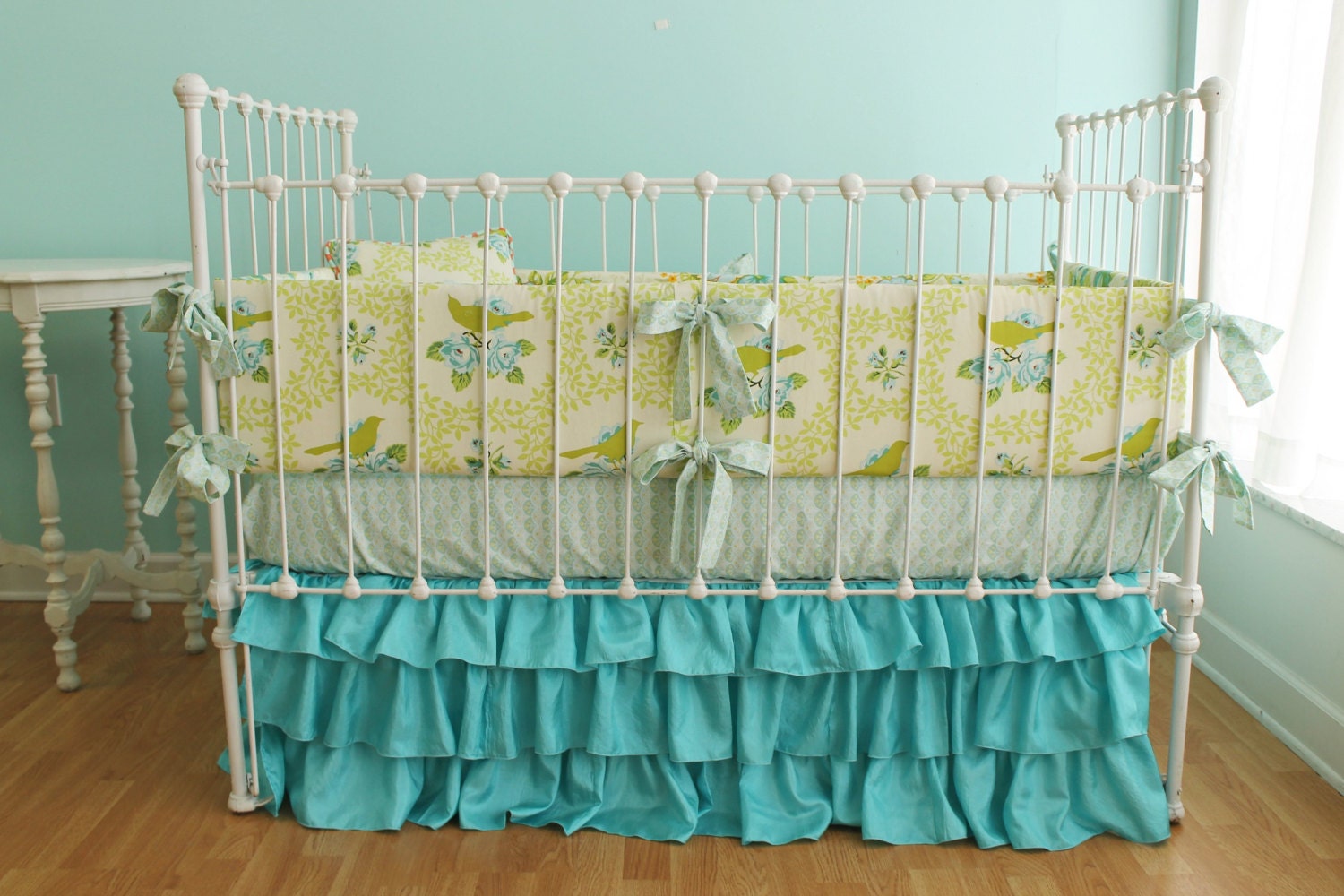 Turquoise Birdie Ruffles Custom Crib Bedding Set