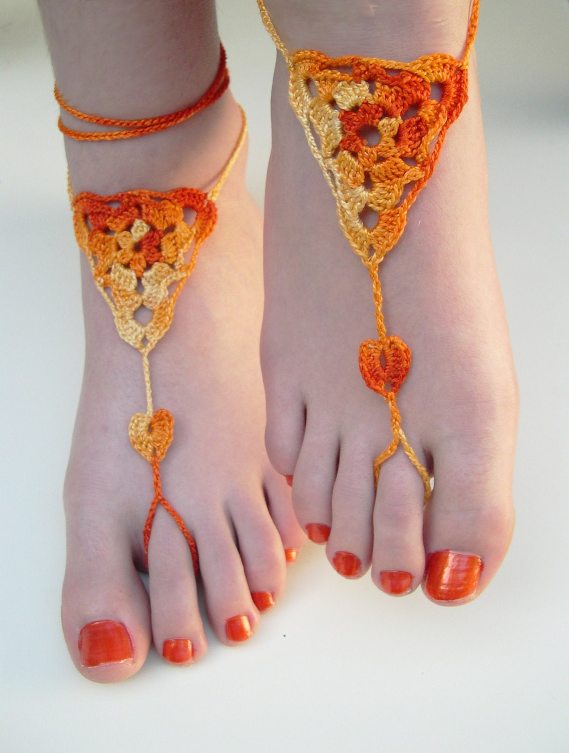 Orange Barefoot Sandals - Foot Jewelry - Crochet Anklet  - Victorian lace - Bridesmaid accessory - Nude shoes - Beach Wedding