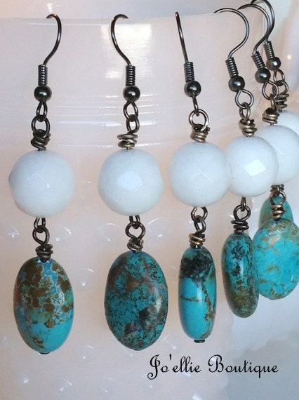 turquoise bridesmaid earring set boho chic country style  genuine stone white Jade rustic cowgirl western wedding  long outdoor
