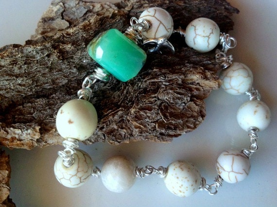 boho chic stone bracelet wire wrapped beach style sea green white turquoise rustic shabby chic wedding bridesmaid jewelry country