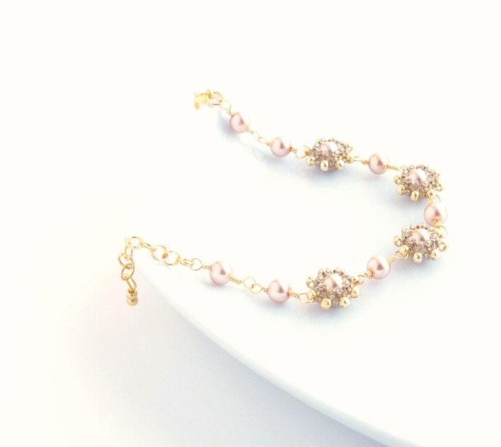 Pearl Beaded Bracelet, Light Cream Pastel Bracelet, Beadwork Links Bracelet, Golden Cream Light Bronze - JPJbeaded