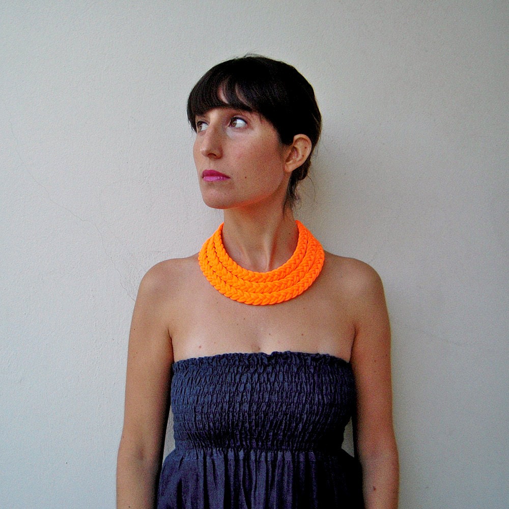 The triple braid necklace - handmade in neon orange fabric
