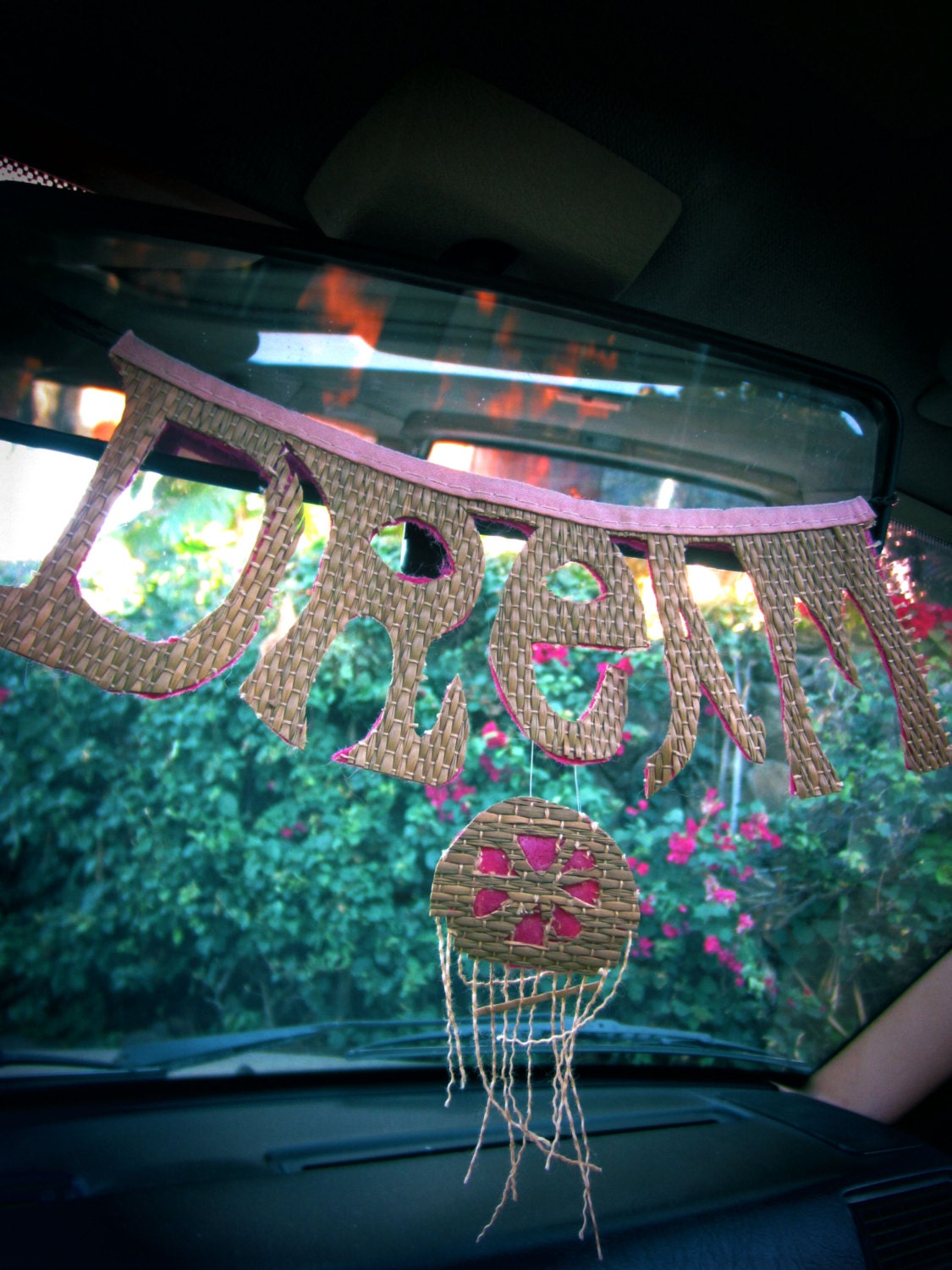Dream Catcher Charm Dangle Decor Rear view mirror upcycled beach mat straw ooak