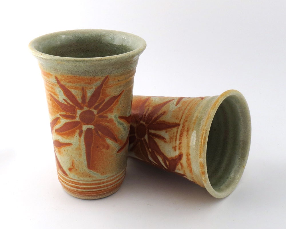 Tall Tumblers - 12 oz. - Pair - Celery Green - Golden Caramel - Terracotta Sunbursts / Handmade Wheel thrown Pottery