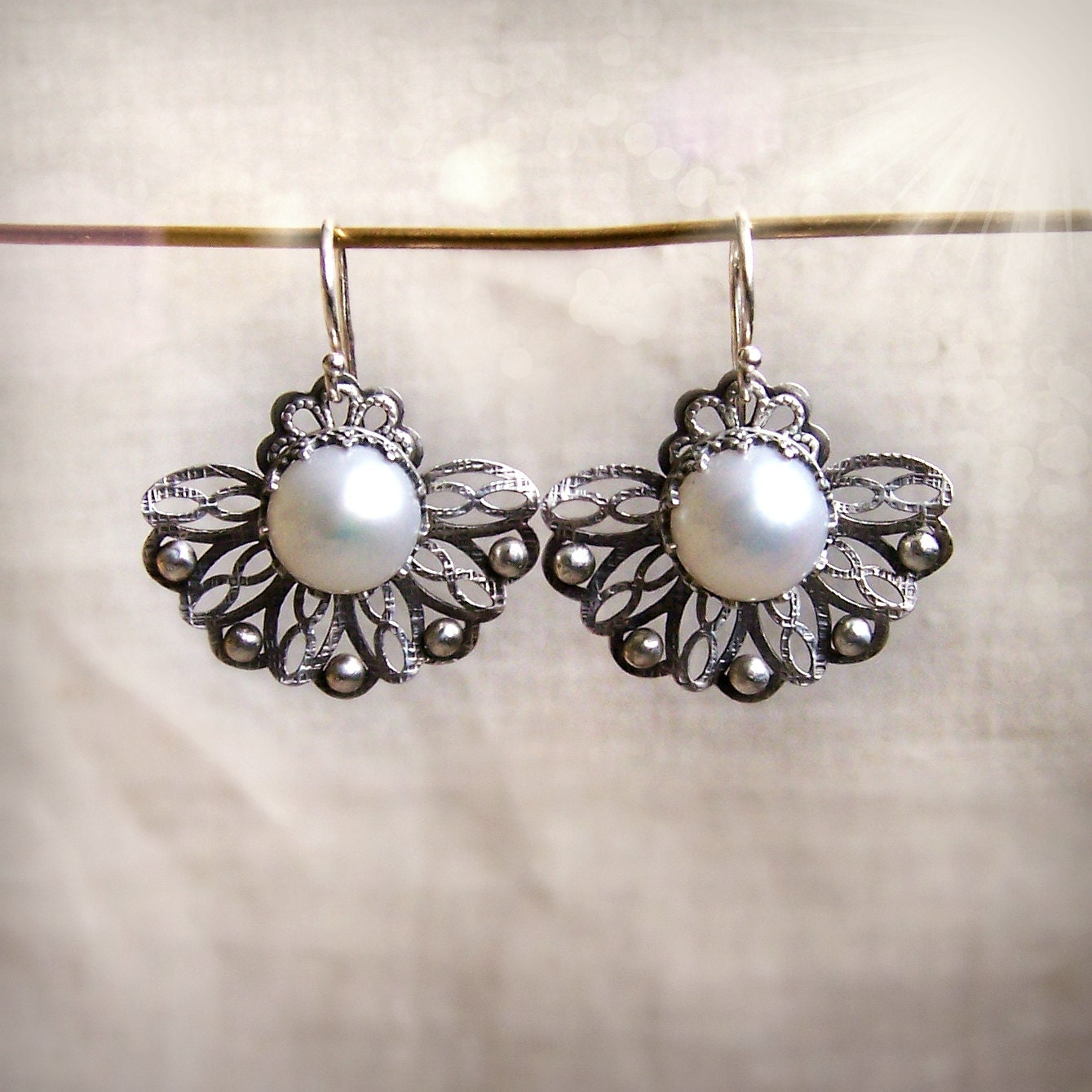 Freshwater pearl earrings fan shape sterling silver oxidized earrings, open work earrings filigree earrings, pearl jewerly, bridal earrings