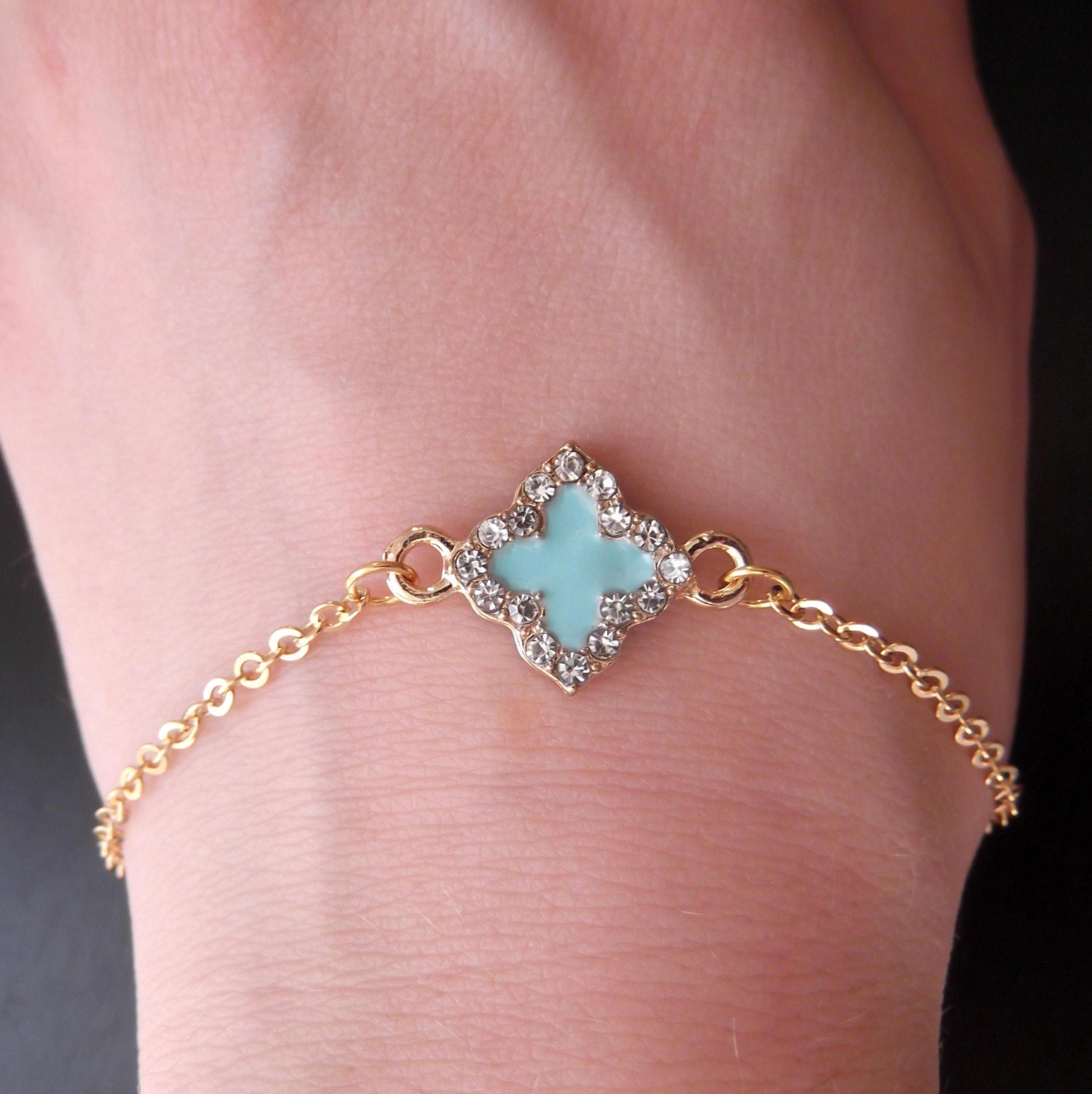 Clear Crystal Rhinestone Trimmed Turquoise Colored Clover Bracelet with Crystal Embellished Turquoise Clover Connector and Gold Chain