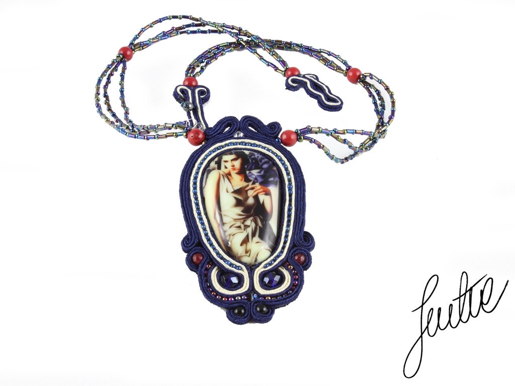 Unique, soutache necklace with reproduction of the painting Tamara Lempicka- ArtDeco, ink - JustineWorld