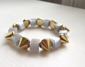 Beaded Gold Spike Bracelet with Cats Eye Grey Cube Beads and Gold Spike Beads