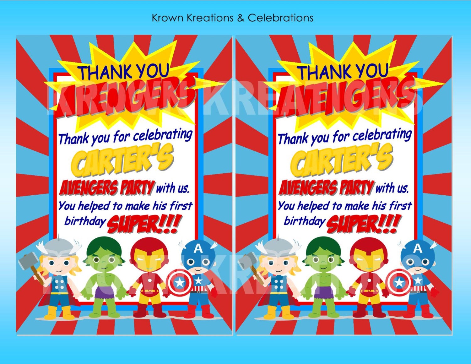AVENGERS Inspired Thank You Card - SuperHero party -  Hulk, Thor, Iron Man and Captain America - Super Hero - Boy Birthday Party