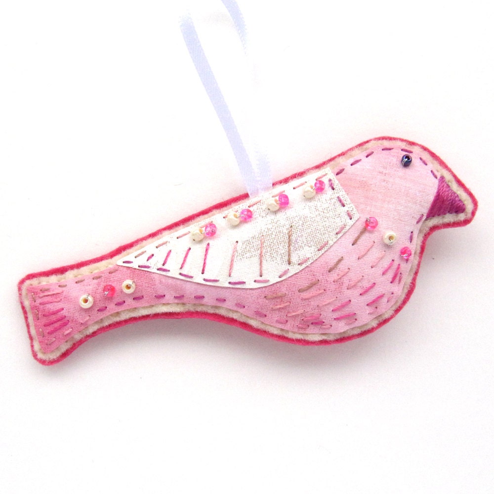 Small Bird Decoration / Ornament - Pink and White