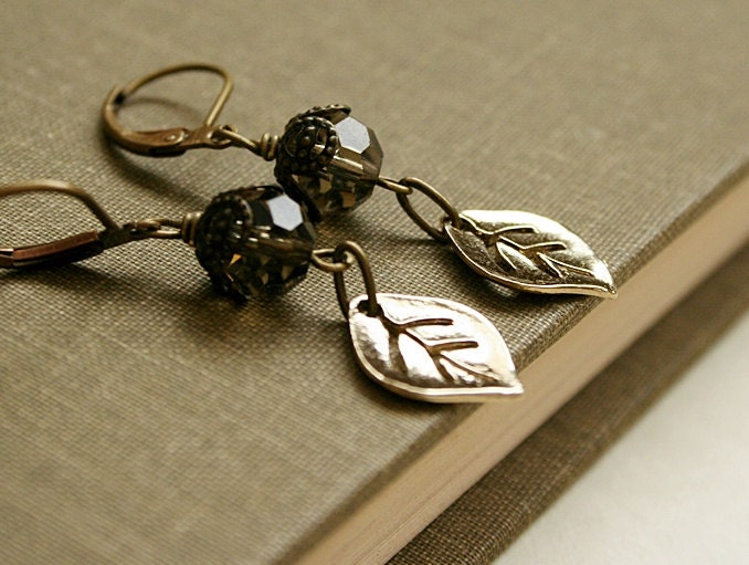Smokey Faceted Glass Dangle Earrings with Golden Leaves--Sway
