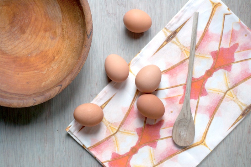 Coral & Nectarine Modern Geometric Pattern Tea Towel, Bright Dish Towel, Cotton-Linen Table Setting
